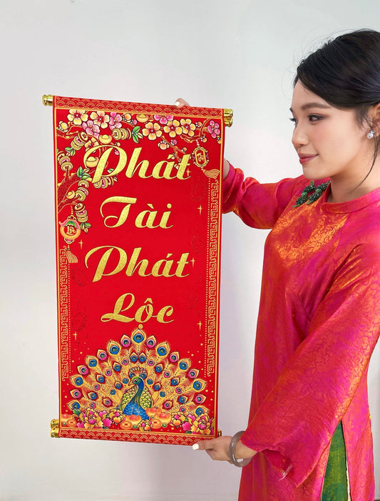 TET102 - Đôi liễn nhung đính đá PHÁT TÀI PHÁT LỘC TIỀN VÔ NHƯ NƯỚC