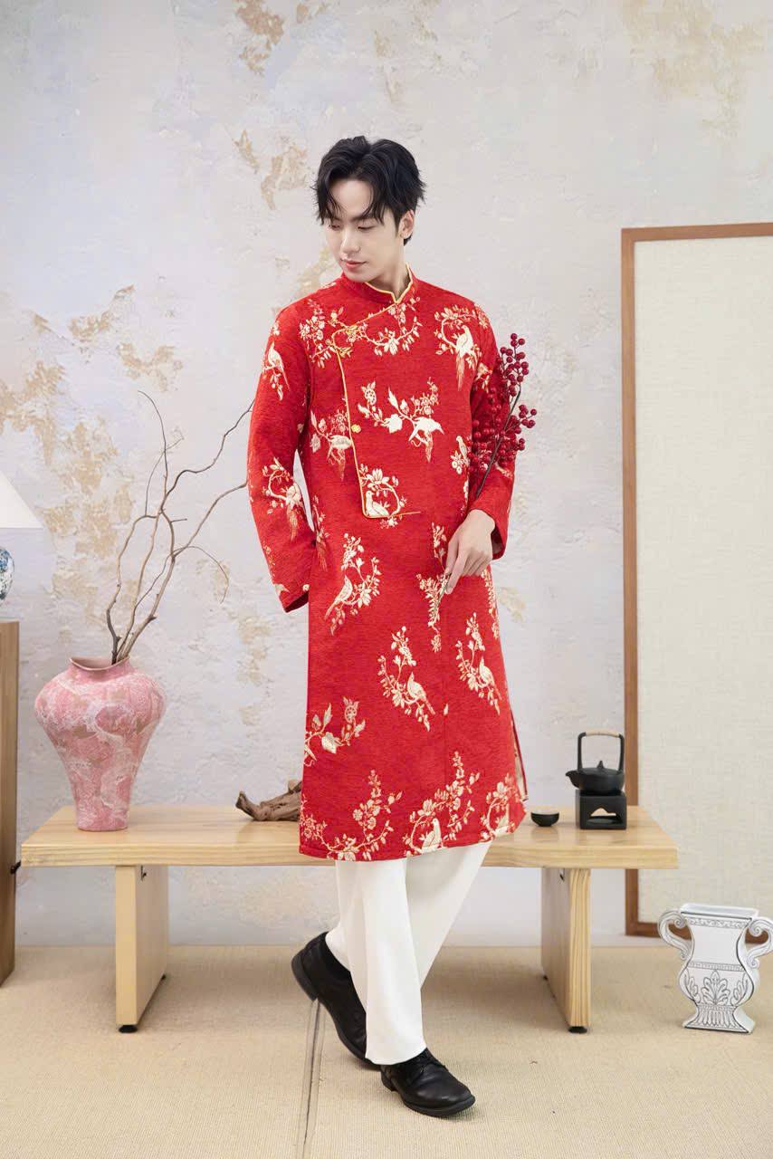 B206 5906 - Áo dài nam đỏ nhung nhũ