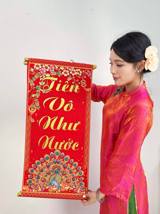 TET102 - Đôi liễn nhung đính đá PHÁT TÀI PHÁT LỘC TIỀN VÔ NHƯ NƯỚC