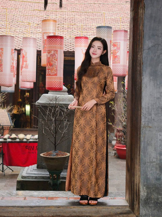 K150 5390 Áo only no pants - Áo dài dáng truyền thống chiết li eo lụa gấm thọ dơi màu nâu