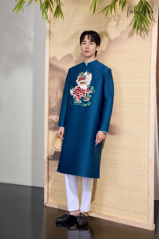B85 - Áo dài nam vân nổi thêu màu xanh dương