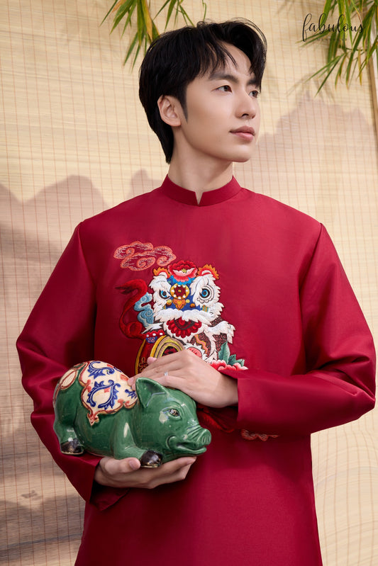 B84 2246 - Áo dài nam vân nổi thêu cao cấp màu đỏ