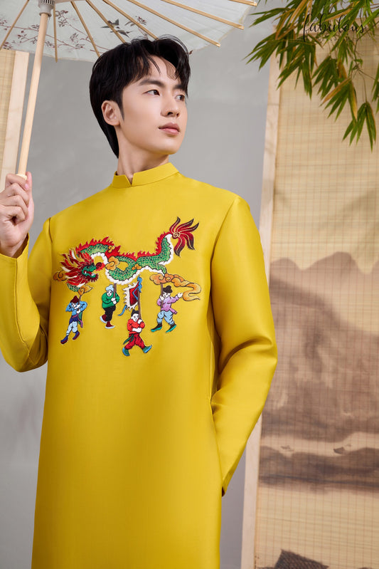 B87 - Áo dài nam vải vân nổi thêu cao cấp màu vàng