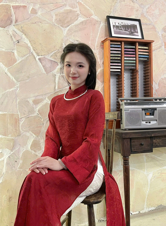 H476 1928 Áo only - Áo dài cách tân dáng suông 2 tà tằm ánh kim màu đỏ đô