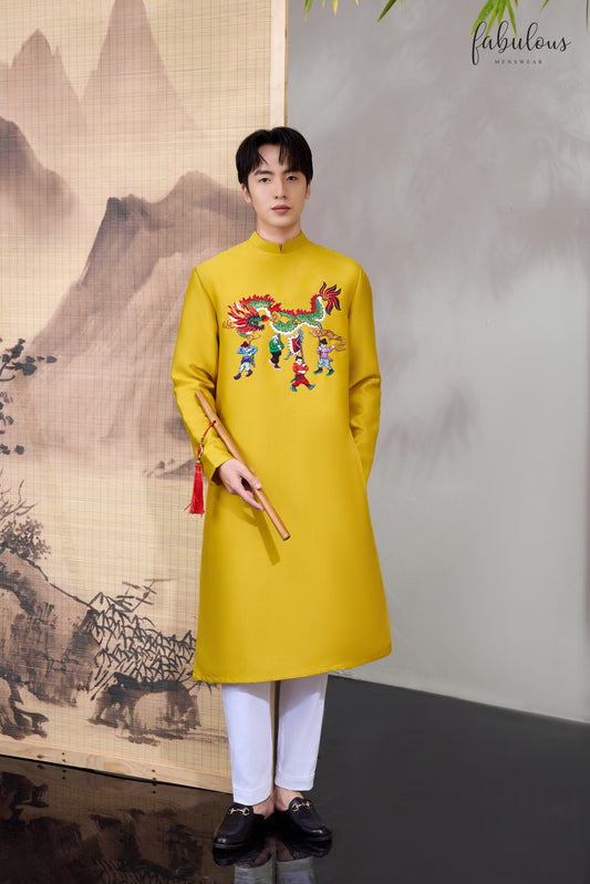 B87 - Áo dài nam vải vân nổi thêu cao cấp màu vàng