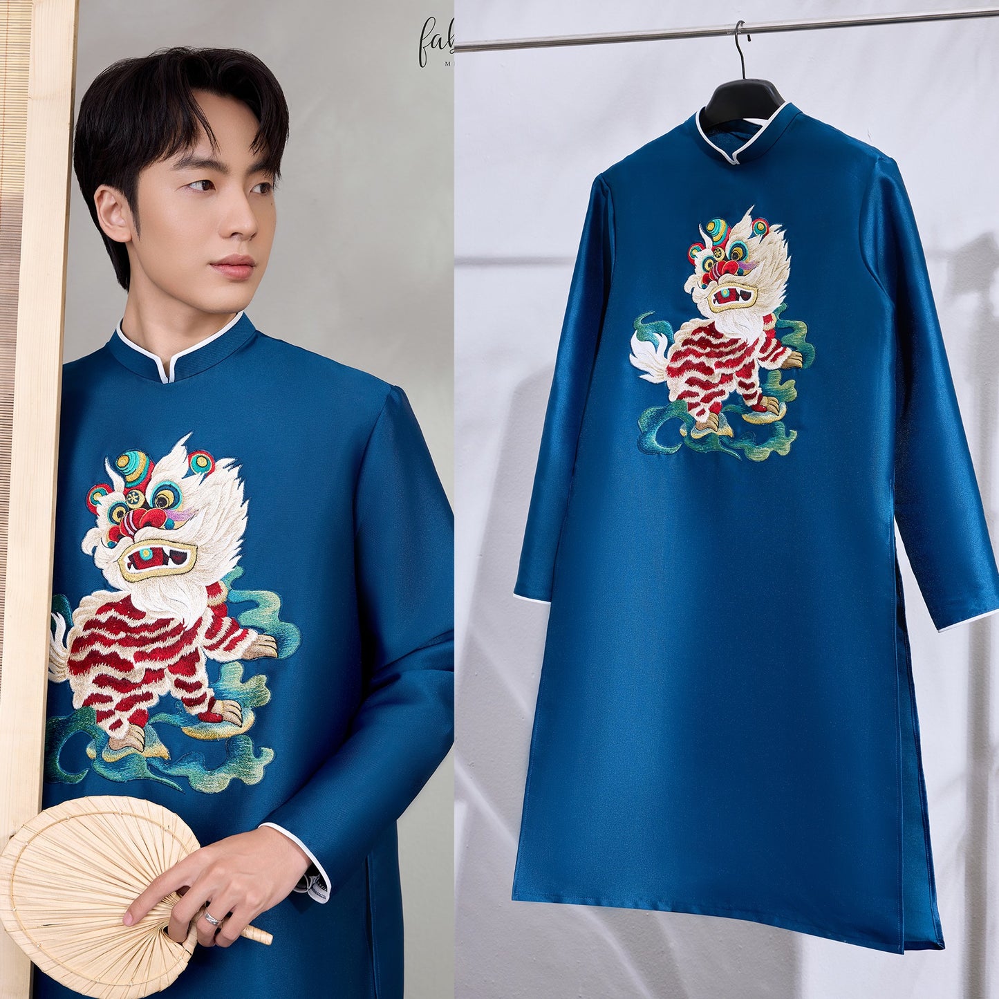 B85 - Áo dài nam vân nổi thêu màu xanh dương