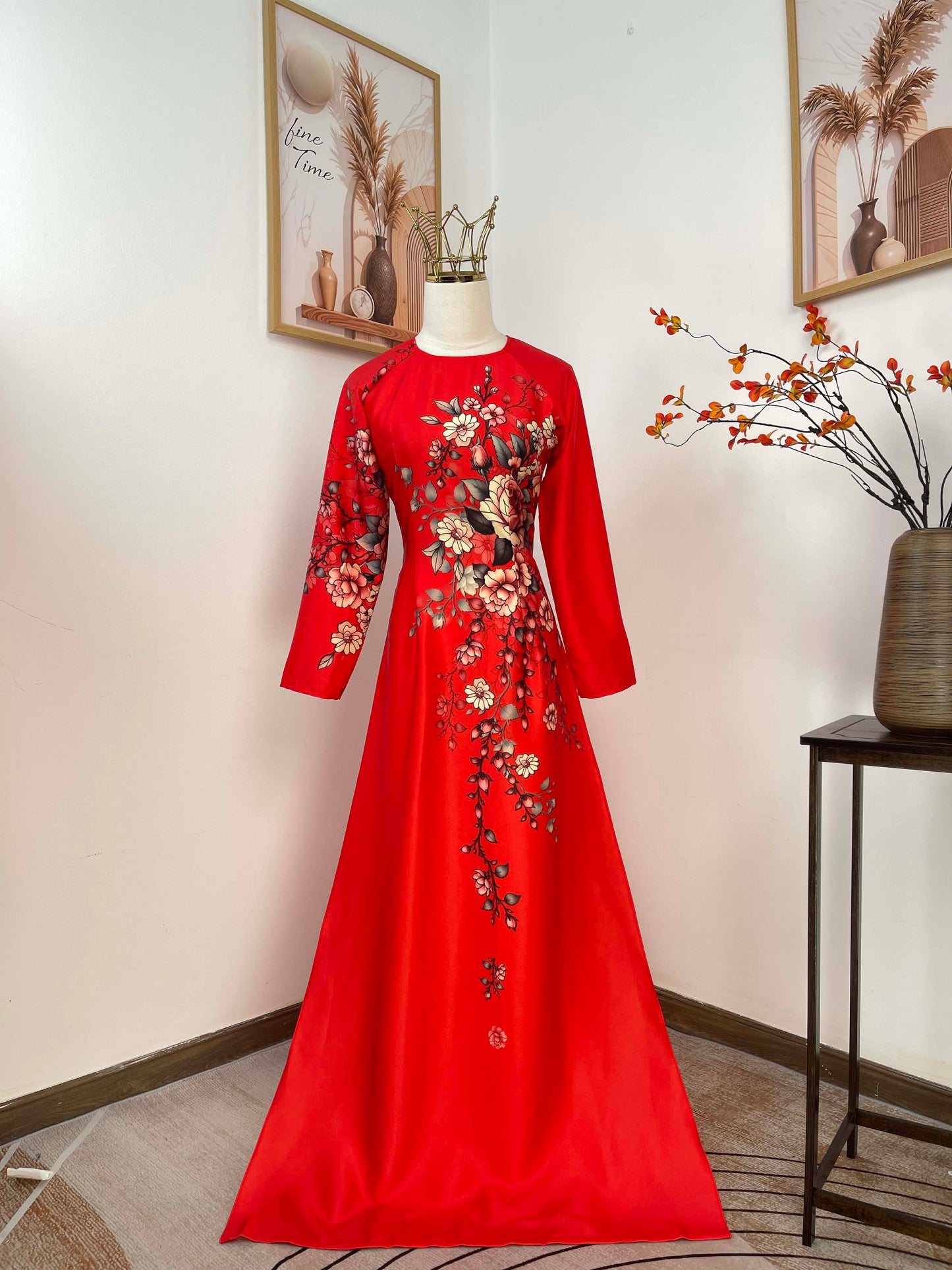 H483 1963 Áo only - Áo dài lụa ánh sao đỏ tươi in hoa