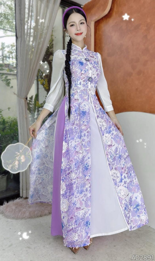 AD2891 Áo only - Áo Dài 4T Hoa Cẩm Đen