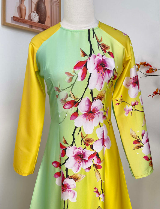 H454 1902 Áo only - Áo dài lụa ánh sao màu vàng chanh