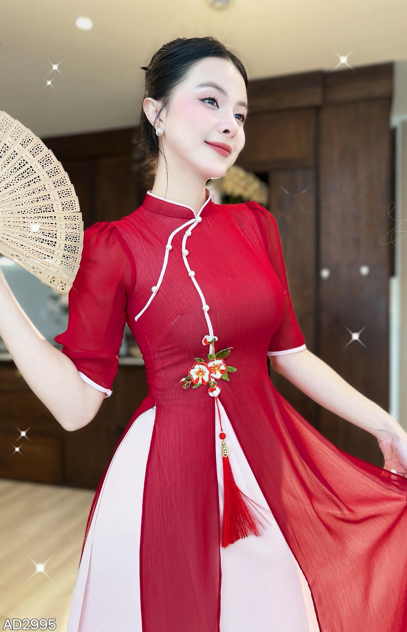 AD2995 2382 Áo ĐỎ + quần - Áo Dài 4 tà CÀNH LỘC XUÂN