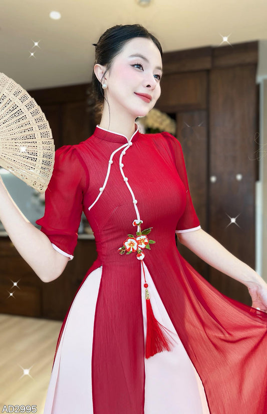 AD2995 2382 Áo ĐỎ + quần - Áo Dài 4 tà CÀNH LỘC XUÂN