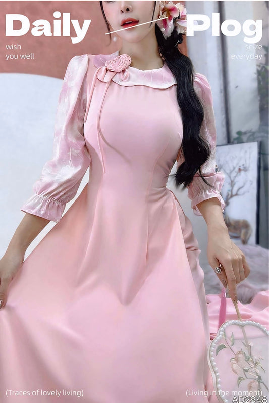 AD2848 4208 Áo only - Áo Dài đính bông cổ màu hồng phấn