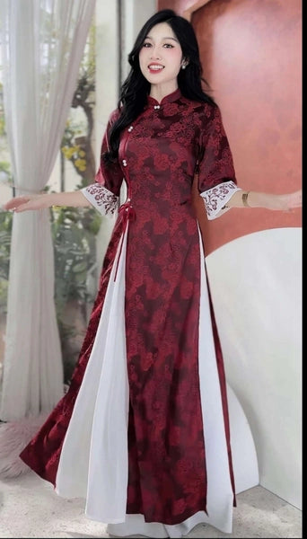 AD2825 Áo only - Áo dài duyên cát 3 tà màu đỏ đô