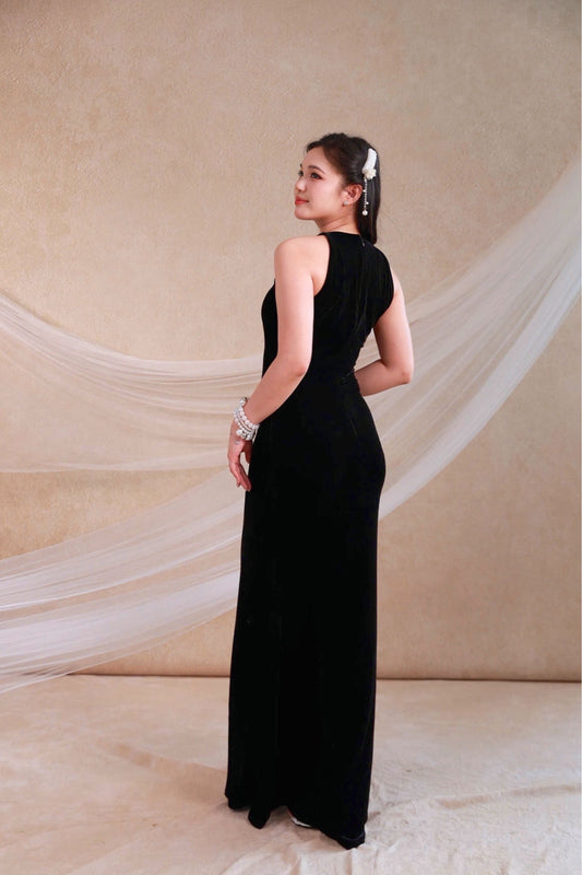 VN02 - Đầm dài nhung the sát nách màu đen