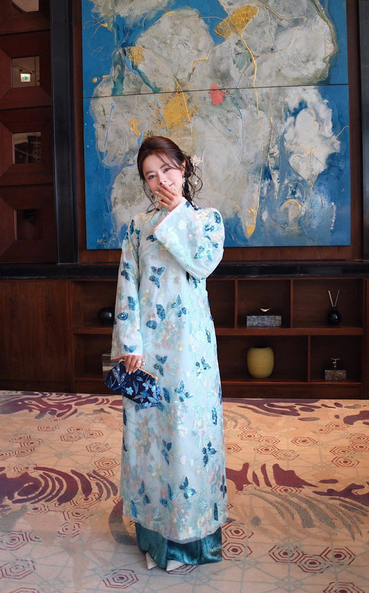 M2553 2216 Áo + quần nhũ tím - Áo dài kimsa màu xanh dương