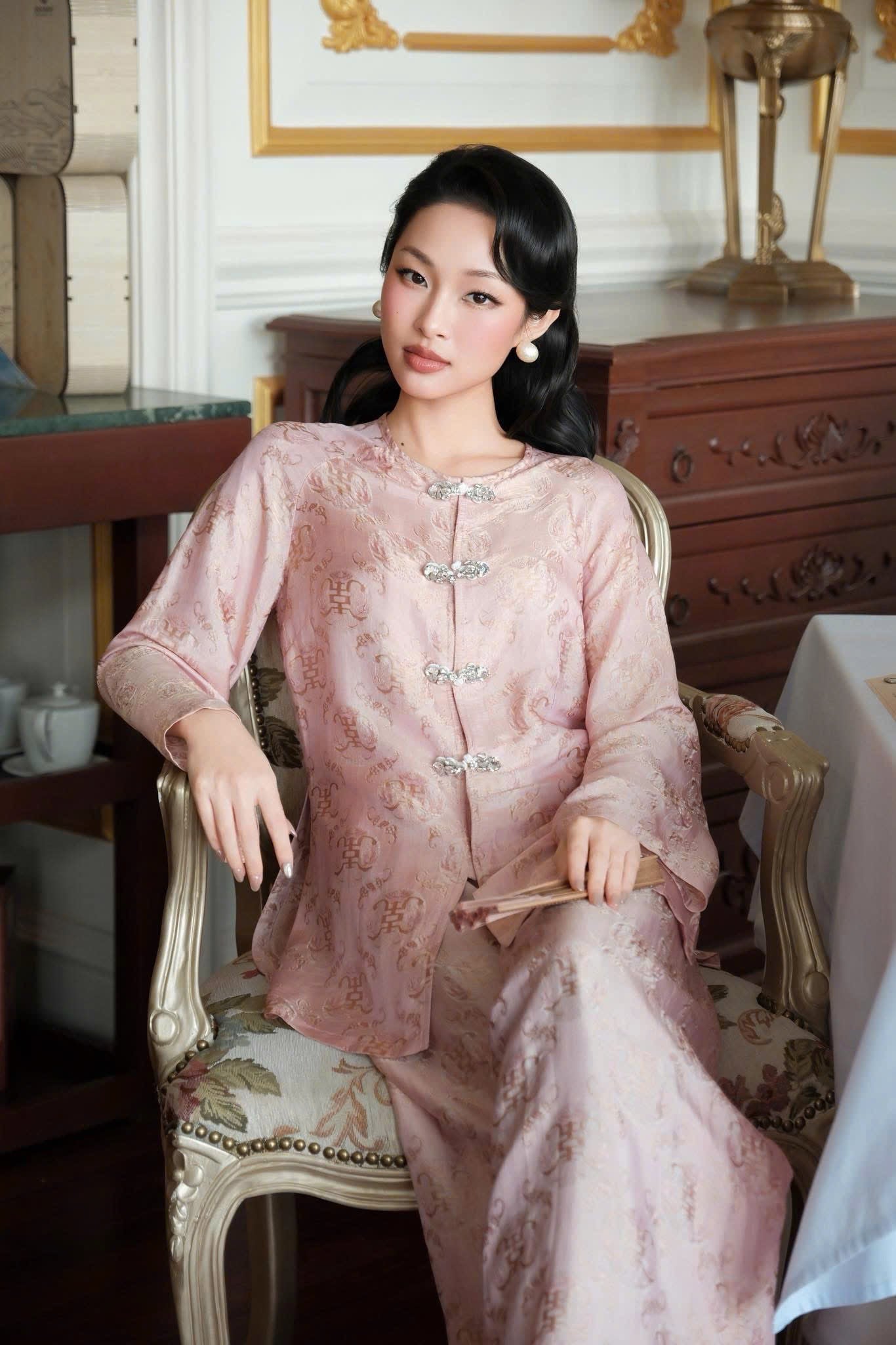 BB198 3999 - Set bà ba lụa nha xá thọ dơi màu hồng nhạt
