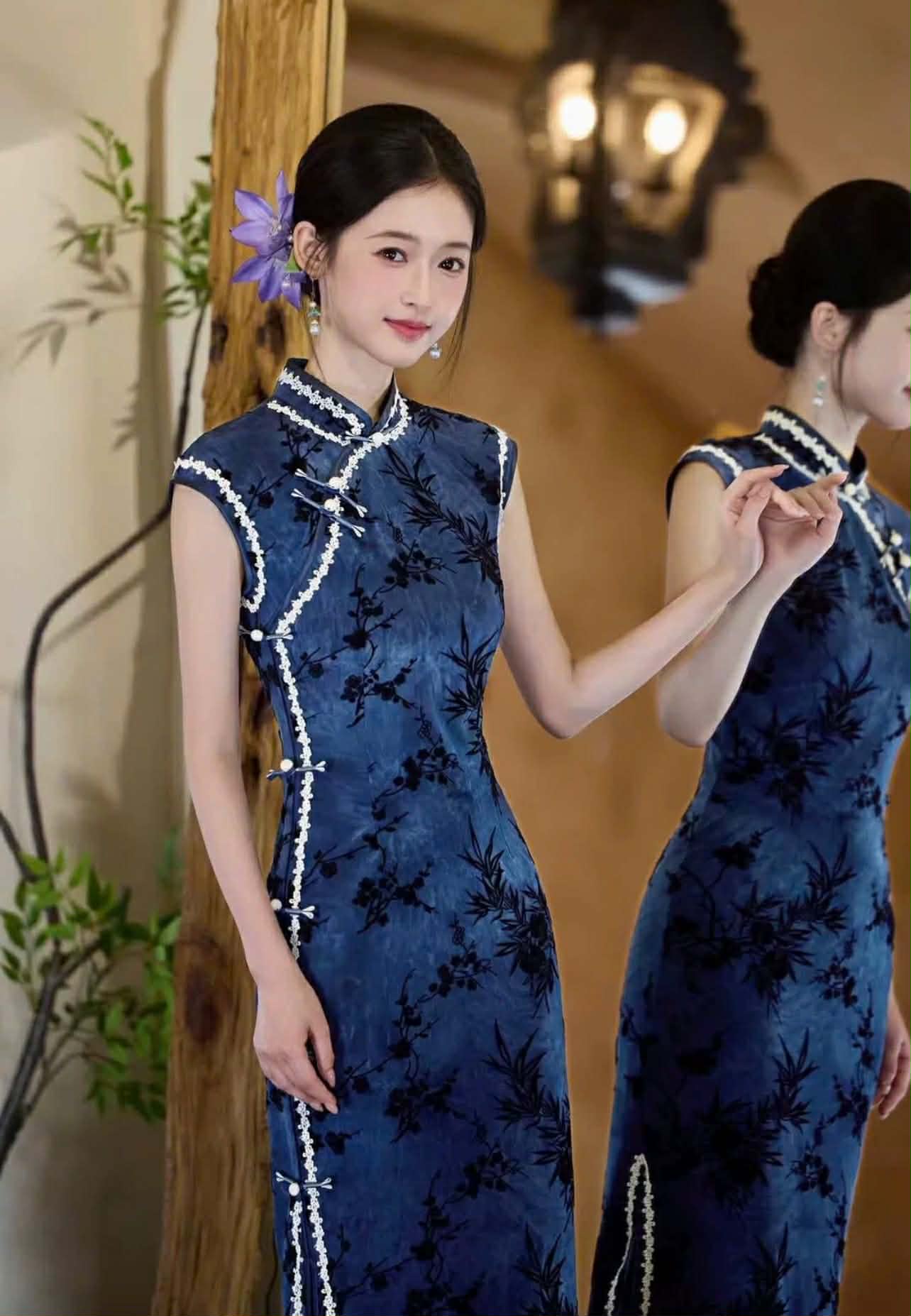 SX07 3749 - Sườn xám lụa dài thanh trúc lam