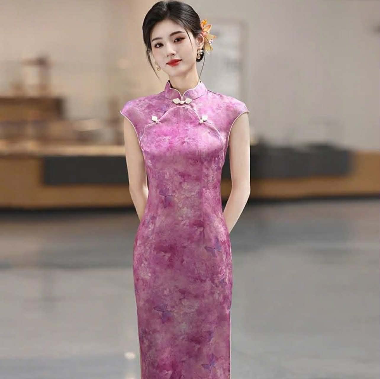 SX05 3747 - Sườn xám lửng hồng tử lan