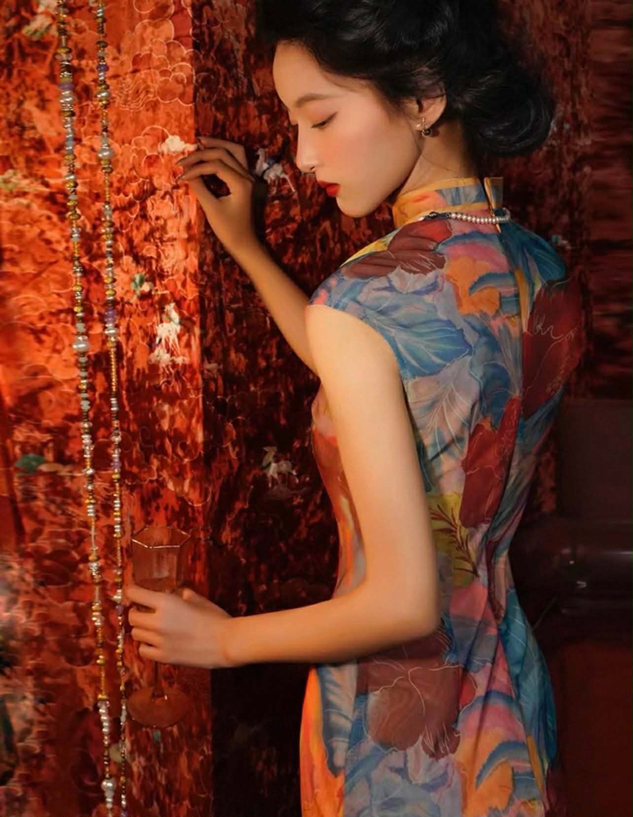 SX09 3751 - Sườn xám dài thiều hoa