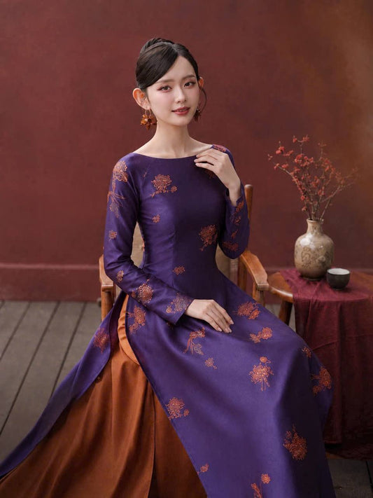 K177 5653 Áo only no pants - Áo dài dáng truyền thống chiết li eo lụa tằm sen dạ cúc cổ thuyền