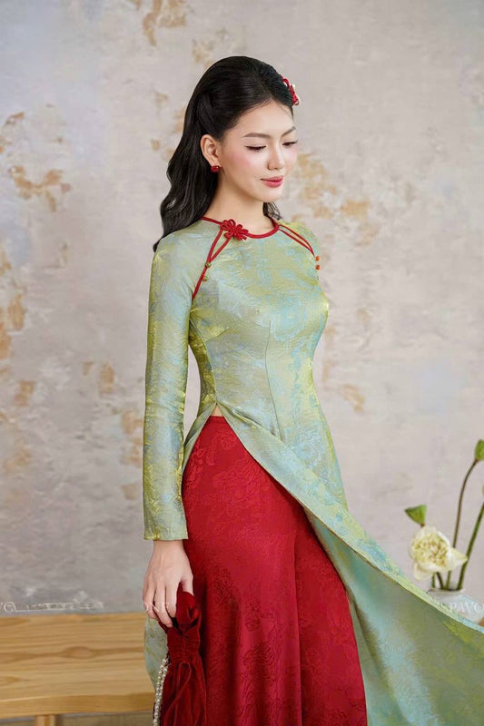 K256 5836  Áo only no pants - Áo dài dáng truyền thống chiết eo 2 tà lụa tằm ánh kim tencel