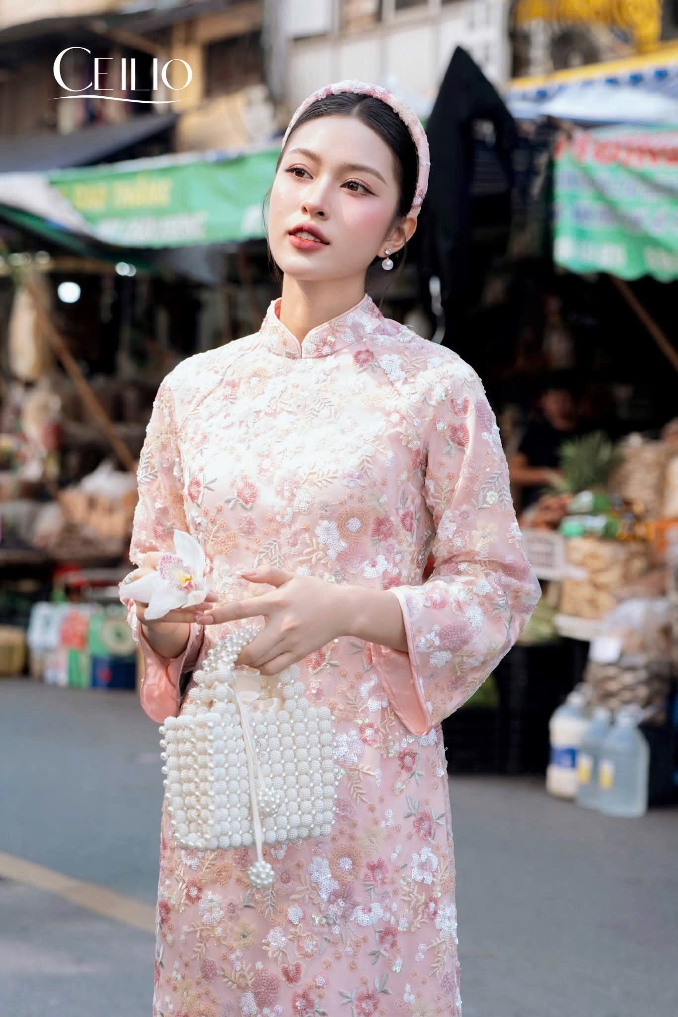 H508 2160 Áo Only - Áo dài kimsa hồng hoa nhỏ