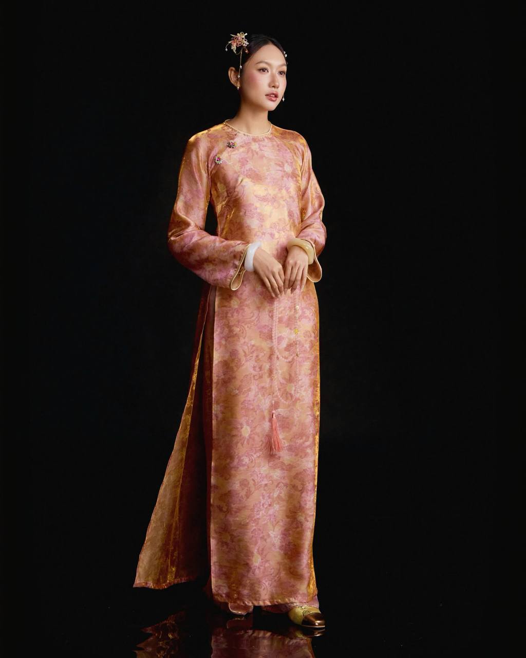 K181 Áo + quần nhũ paris - Áo dài dáng suông tơ in hồng