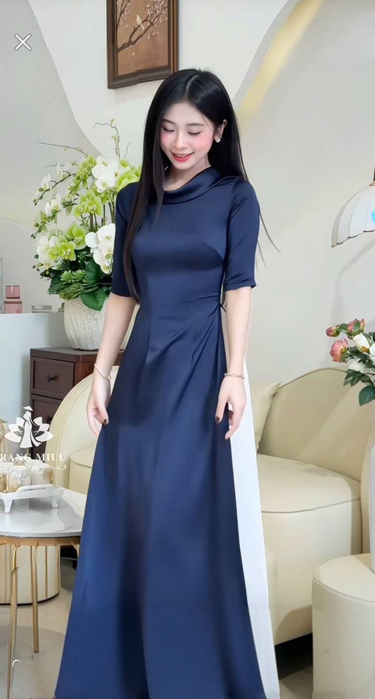 V60 Áo only no pants - Áo dài dáng truyền thống chiết li eo ngắn tay lụa tô châu màu xanh than