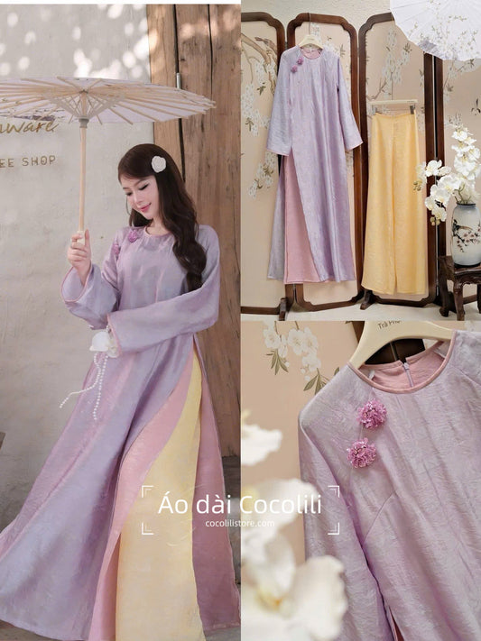 M361 2411 Áo + quần tằm - Áo dài dáng suông 4 tà lụa ánh kim tencel màu tím cà