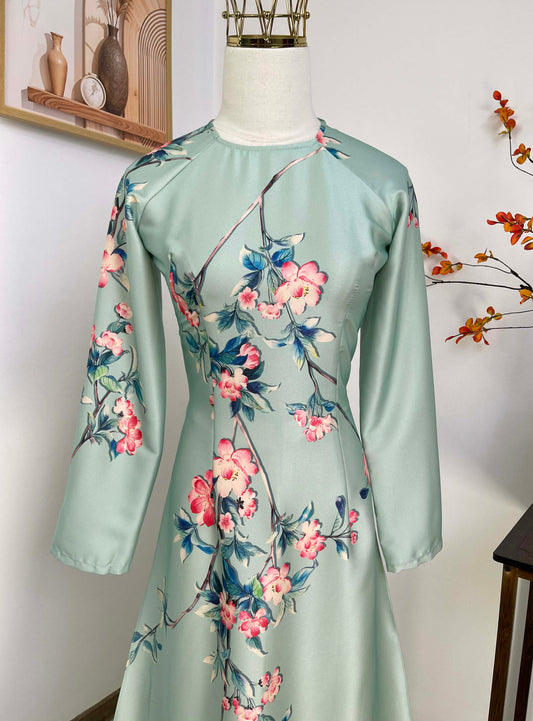 H457 1908 Áo only - Áo dài lụa ánh sao màu xanh