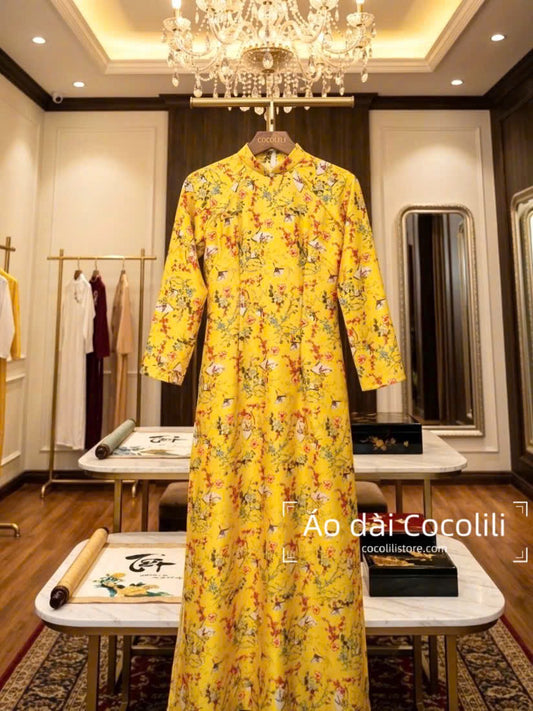 H597 Áo only no pants - Áo dài lụa ánh sao dáng truyền thống màu vàng