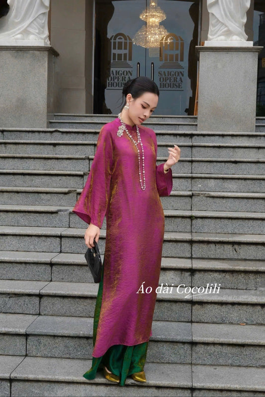 H636 3756 Áo + quần tằm - Áo dài dáng suông 2 tà lụa tằm ánh kim tencel