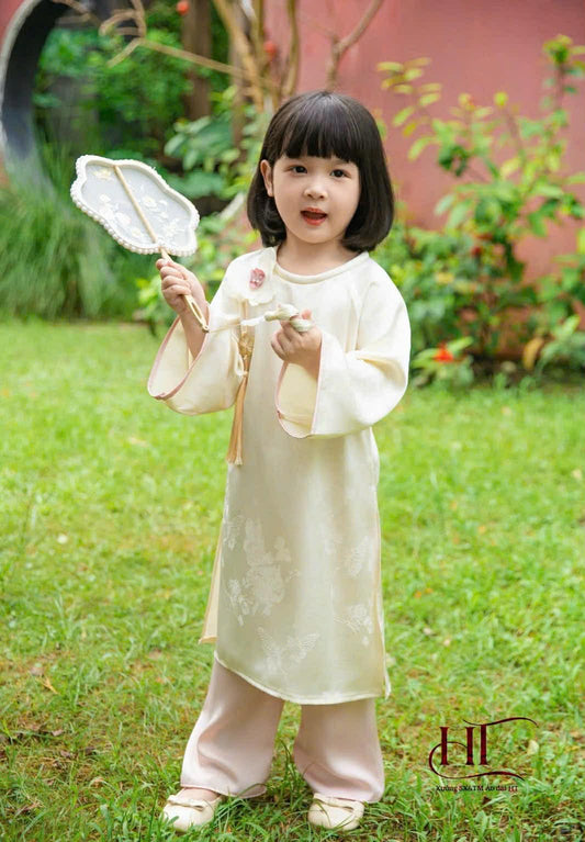 BG621 1762 Áo + quần - Áo dài bé gái + quần kèm hoa cài áo