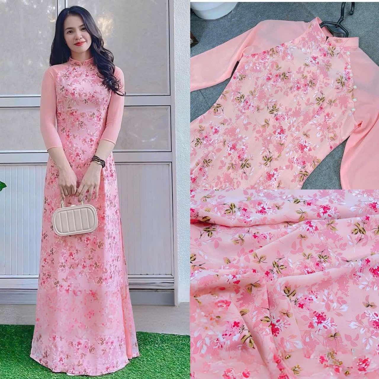 H237 1384 Áo + quần - Áo dài lụa in hoa nhí màu hồng cam + quần cùng màu