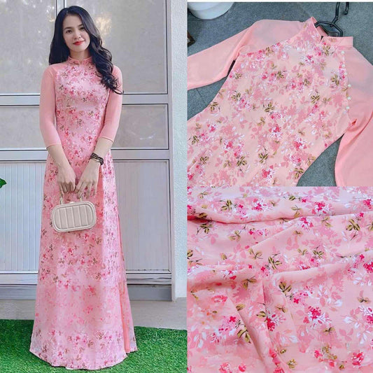 H237 1384 Áo + quần - Áo dài lụa in hoa nhí màu hồng cam + quần cùng màu