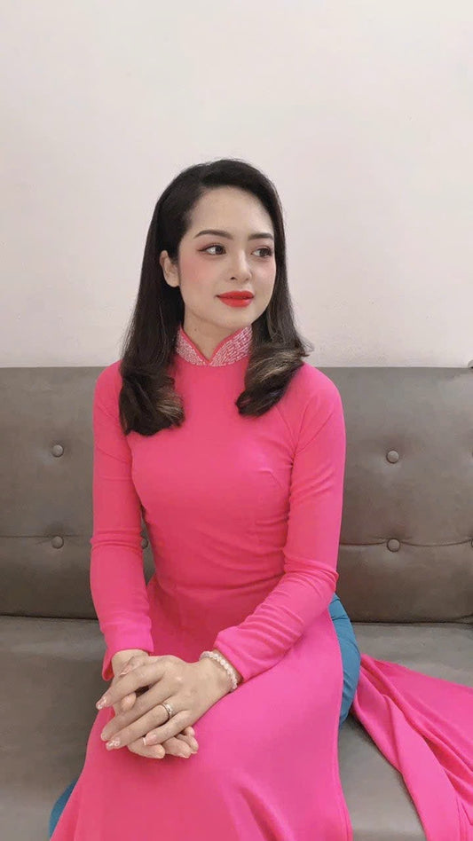 K291 Áo only no pants - Áo dài chiffon dáng truyền thống chiết eo cổ đính kết màu hồng
