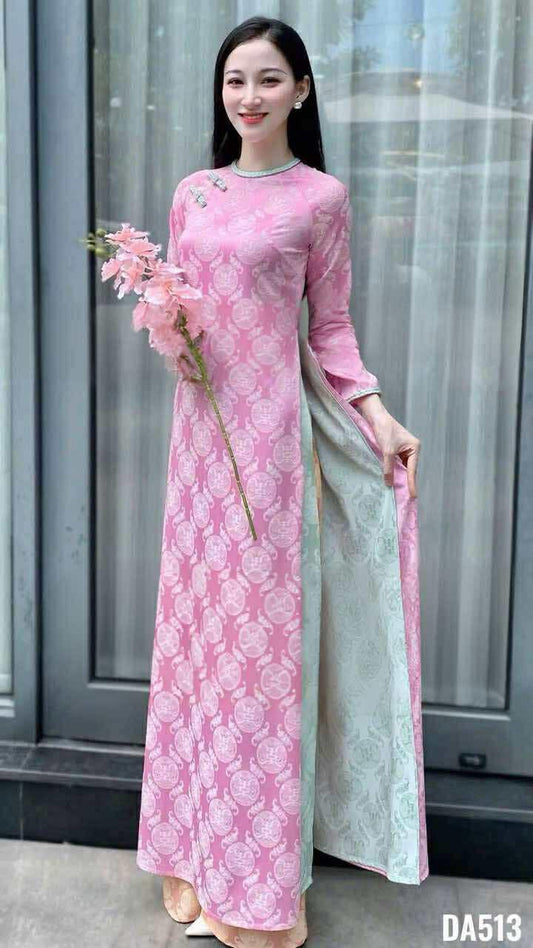 H236 1383 Áo + quần - Áo dài dáng suông lụa thọ dơi 4 tà cổ tết sam + quần cùng chất