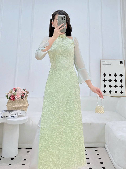 K115 Áo only no pants - Áo dài cách tân cổ yếm màu cốm nhạt