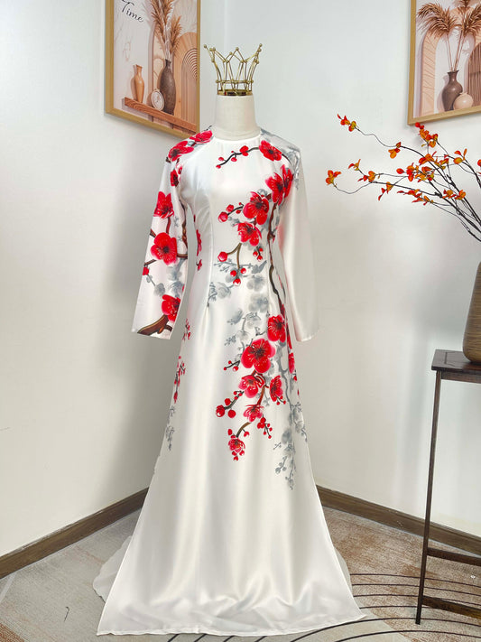 H488 1968 Áo only - Áo dài Tết lụa ánh sao màu trắng hoa đỏ