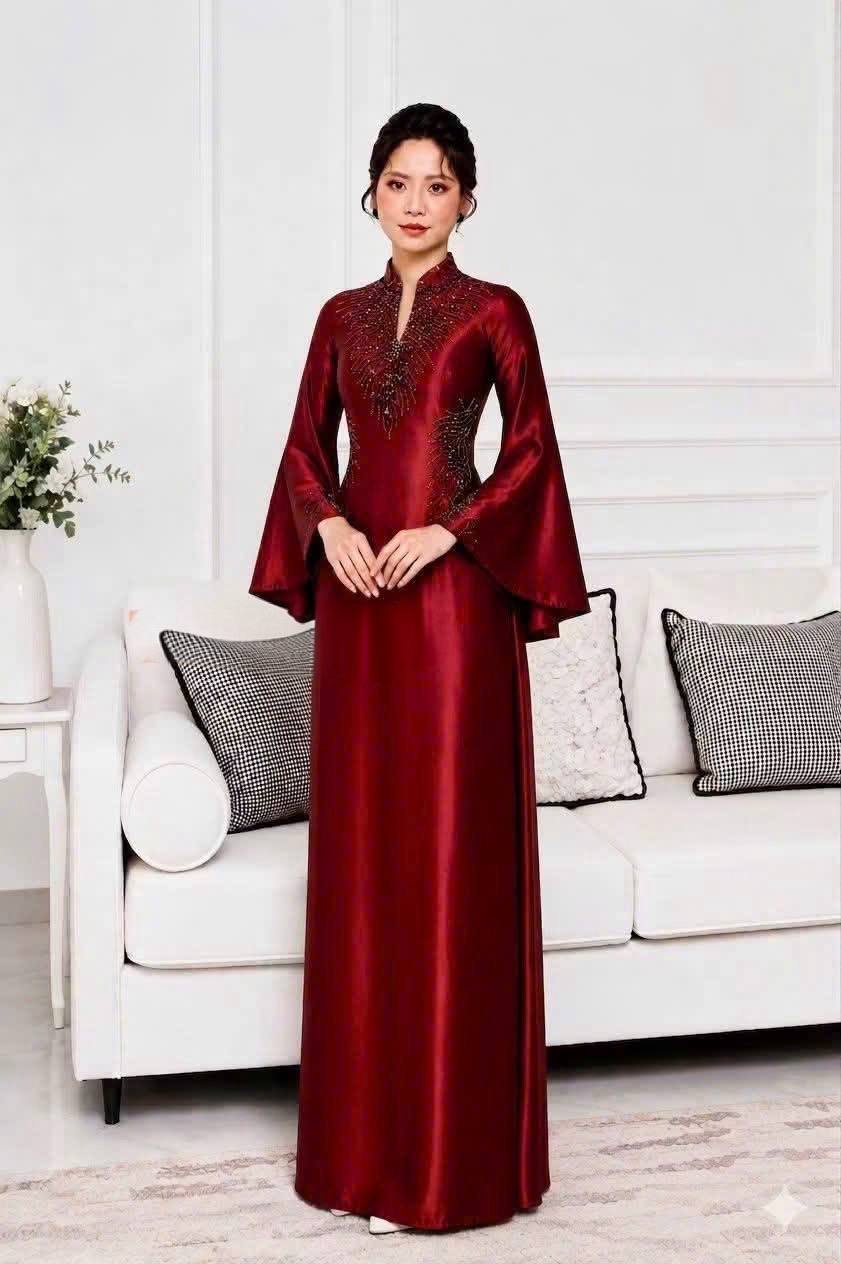 S371 Áo only no pants - Áo dài thiết kế đính kết dáng truyền thống chiết li eo lụa bảo ngọc màu đỏ tay loe