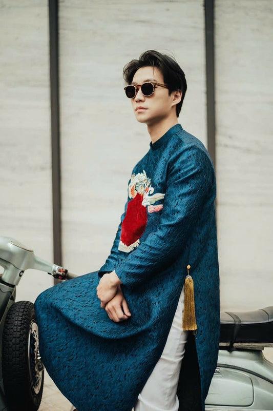 B47 5002 - Áo dài men nam gấm Vân Long xanh