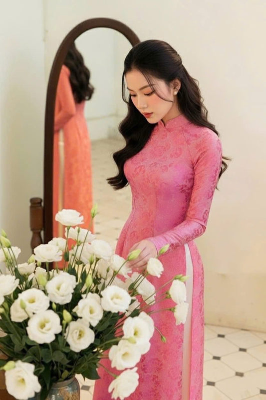 H499 1978 Áo only - Áo dài lụa kim cương màu hồng