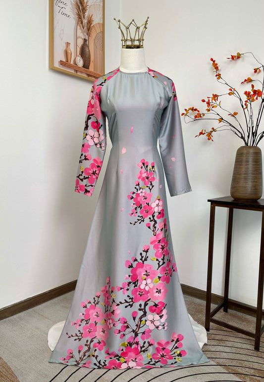 H469 1923 Áo only - Áo dài lụa ánh sao in hoa nền xám