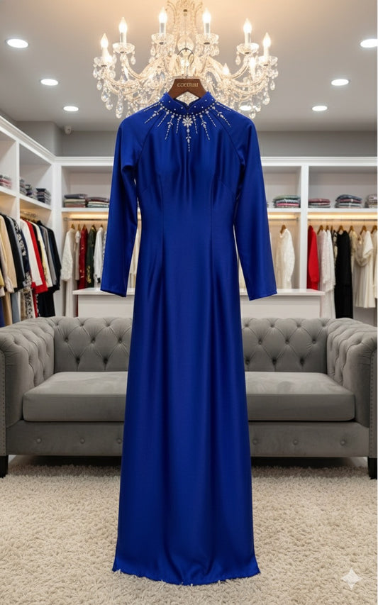 S223 1605 Áo only - Áo dài thiết kế đính kết màu xanh coban