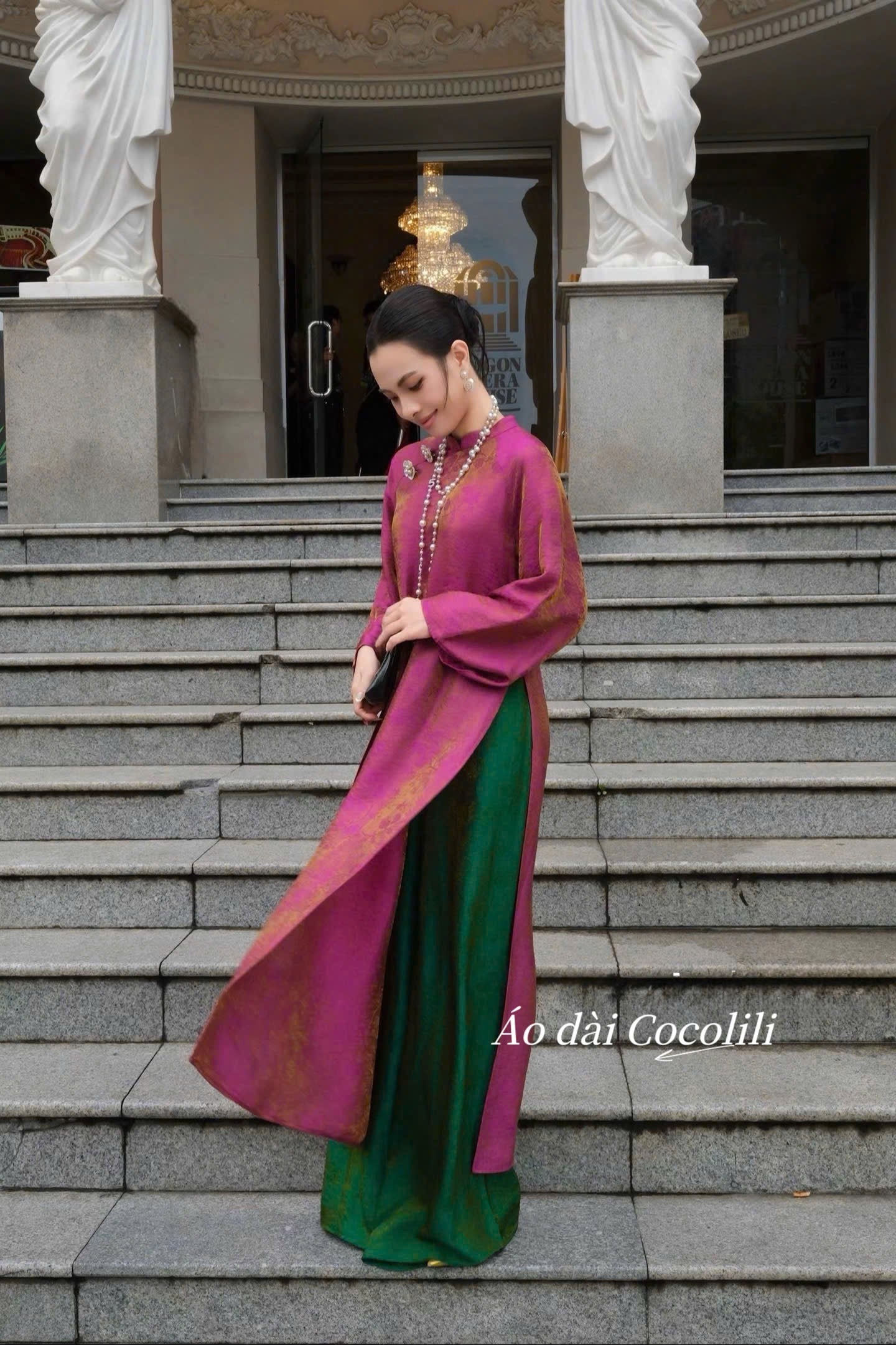 H636 3756 Áo + quần tằm - Áo dài dáng suông 2 tà lụa tằm ánh kim tencel
