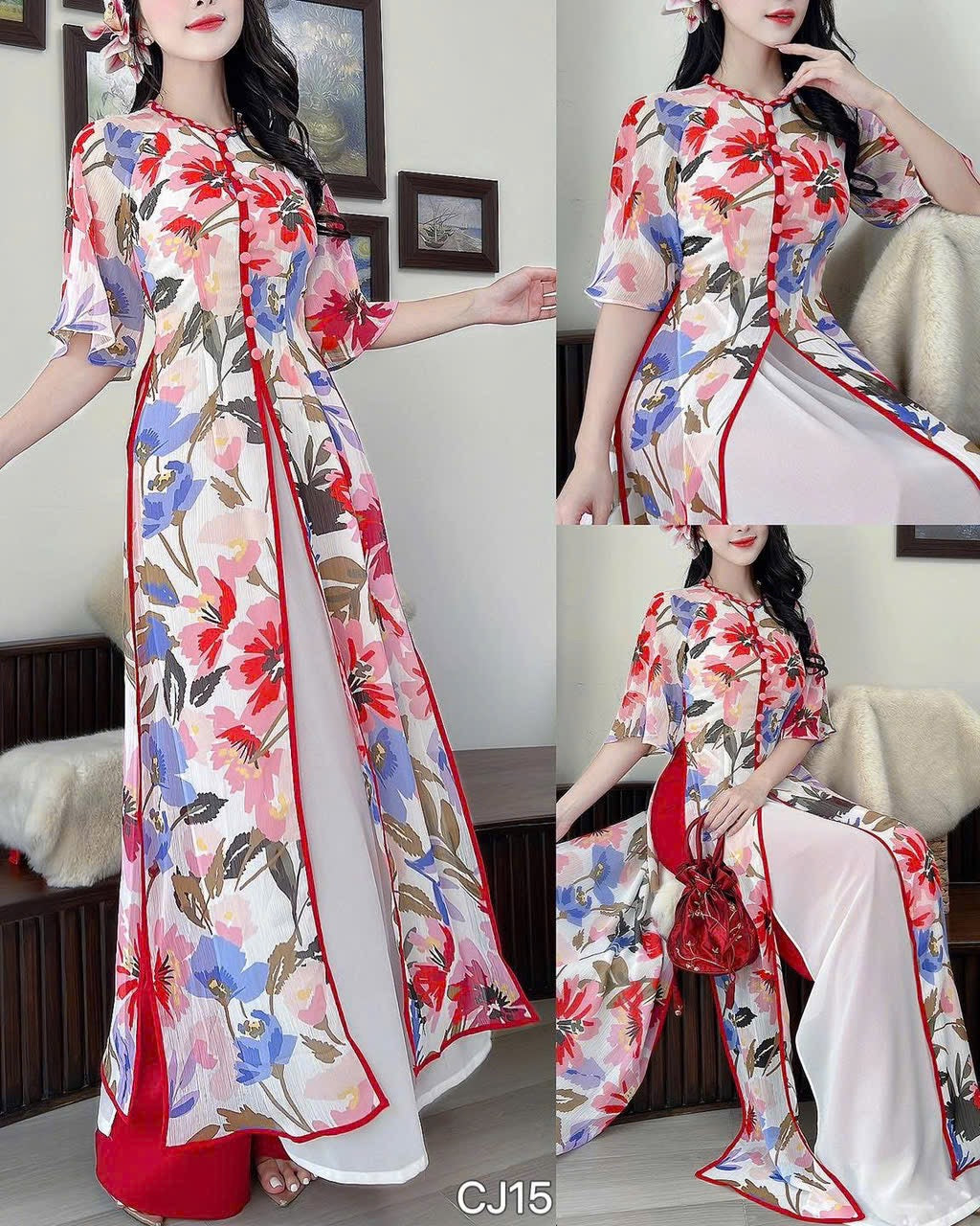AD2700 3786 Áo Dài 4 tà mộng cánh hoa