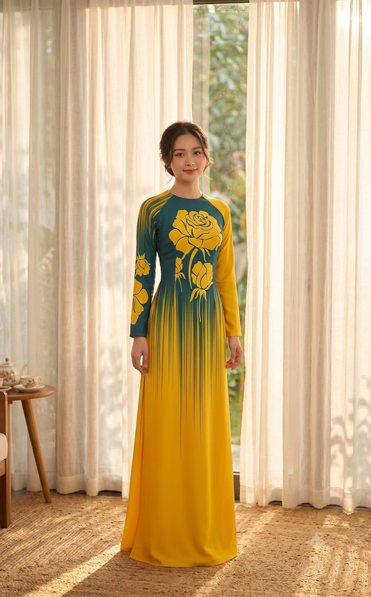 H779 4196 Áo only no pants - Áo dài lụa ánh sao hoa vàng