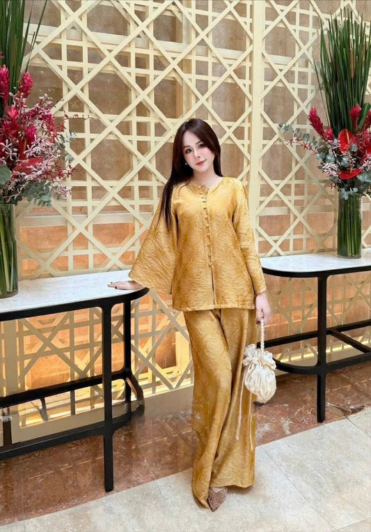 BB110 3699 - Set bà ba lụa tằm ánh kim tencel thọ dơi màu vàng đồng