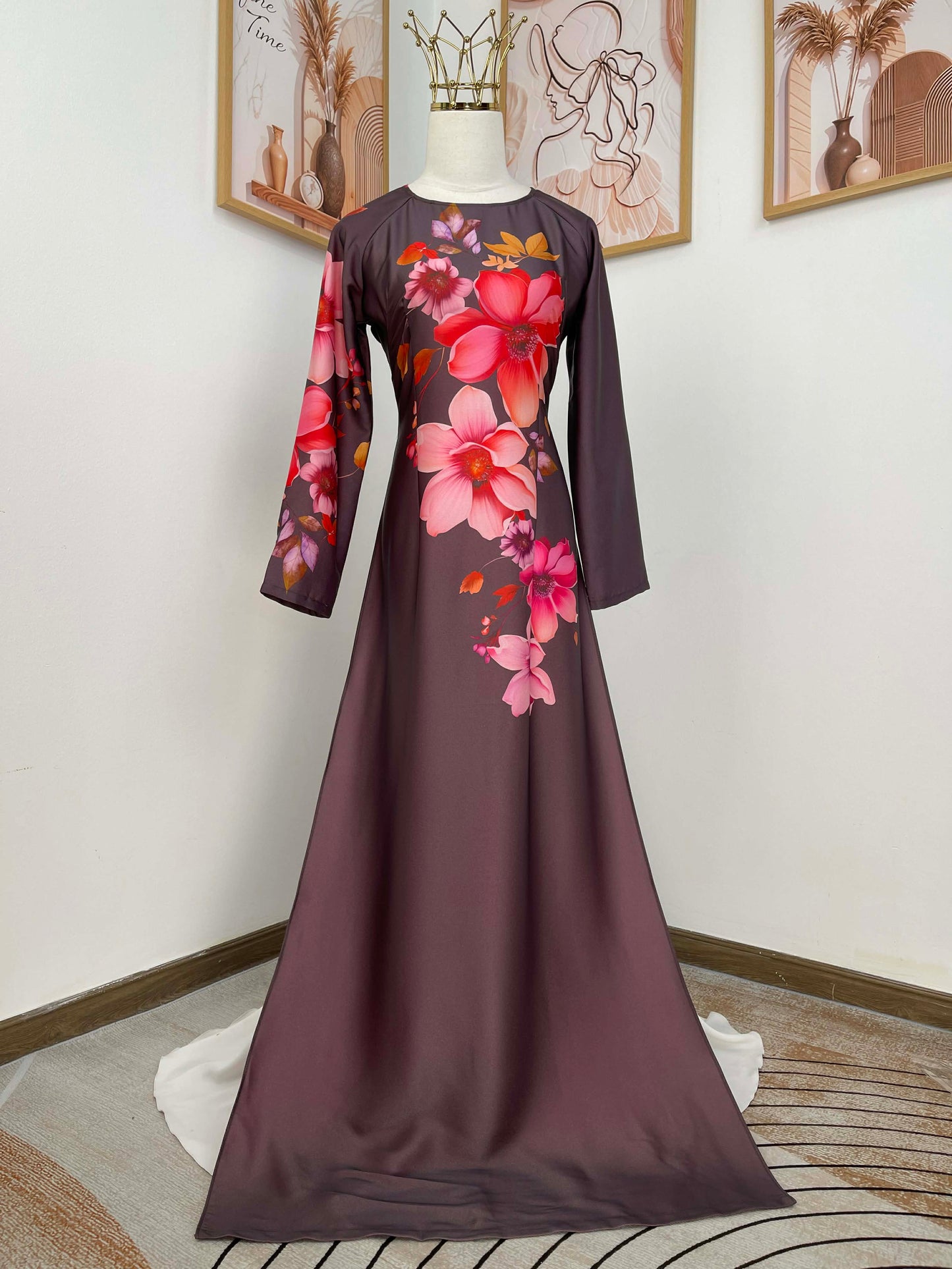 H401 1753 Áo only - Áo dài lụa kim sa phú quý màu nâu hoạ tiết hoa