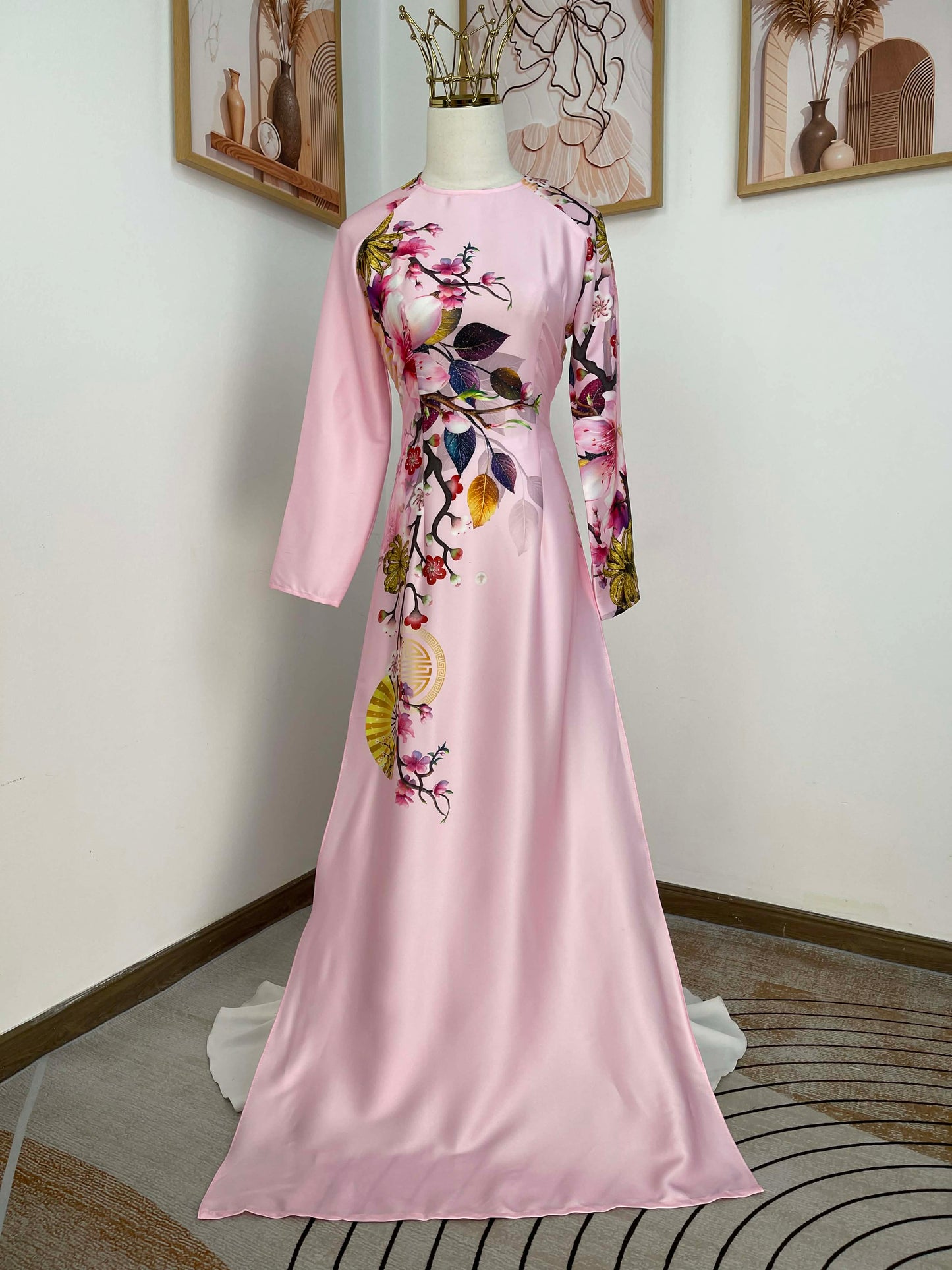 H424 1771 Áo only - Áo dài lụa kim sa phú quý màu hồng